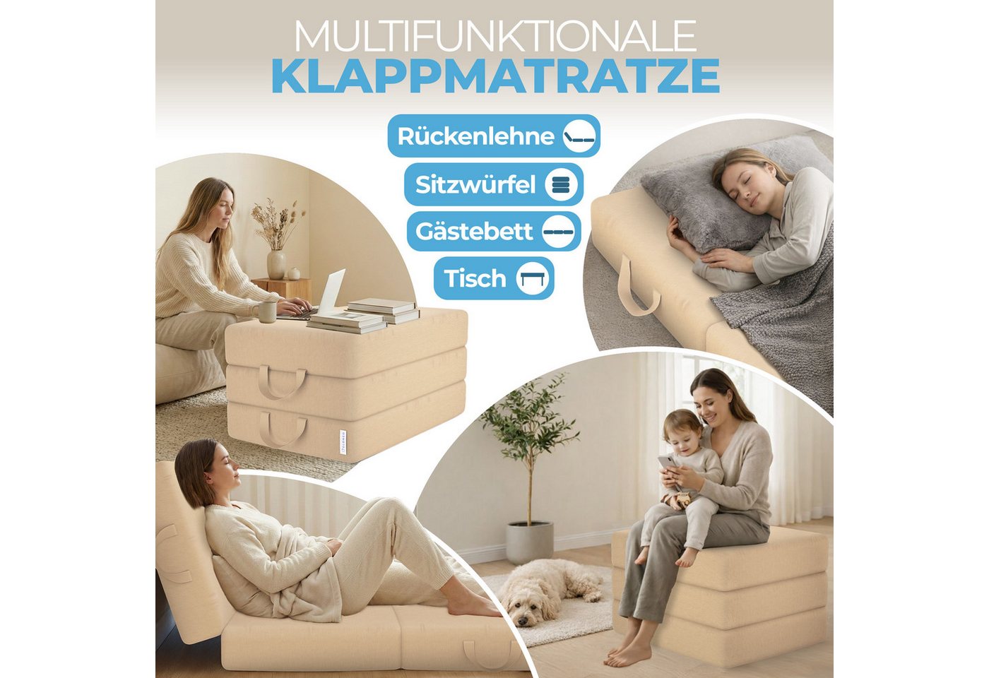 Klappmatratze 3-teilig, Gästematratze mit extra dickem Schaumstoff, ELONEO, 15 cm hoch, waschbarer Bezug, geeignet für Hausstauballergiker, schadstoffgeprüft – Bild 3 von 5