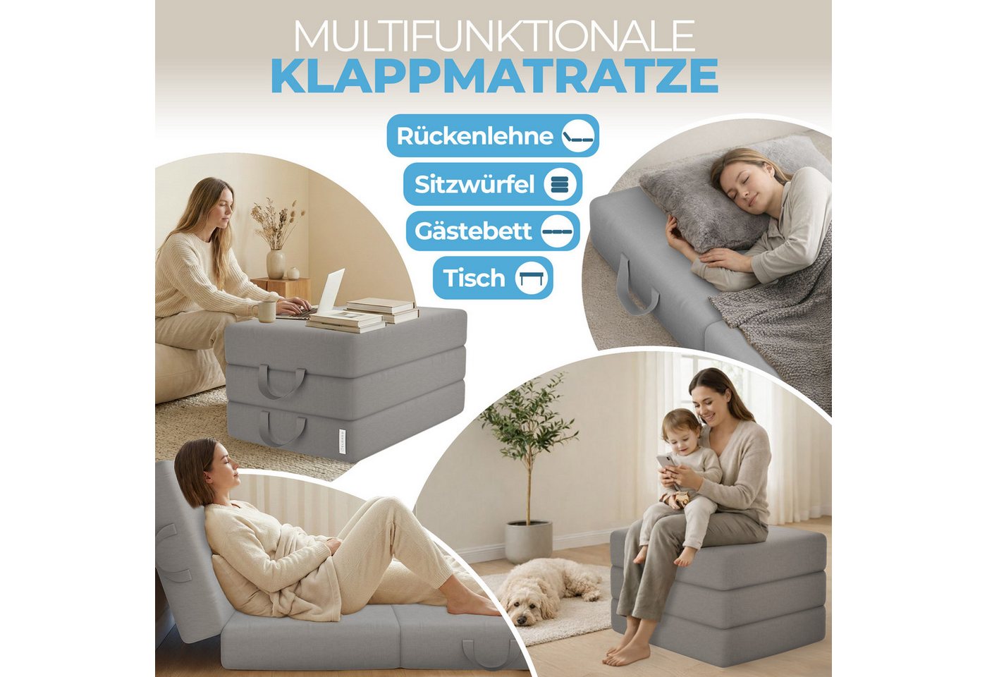 Klappmatratze 3-teilig, Gästematratze mit extra dickem Schaumstoff, ELONEO, 15 cm hoch, waschbarer Bezug, geeignet für Hausstauballergiker, schadstoffgeprüft – Bild 3 von 5