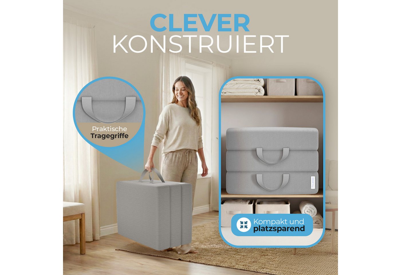 Klappmatratze 3-teilig, Gästematratze mit extra dickem Schaumstoff, ELONEO, 15 cm hoch, waschbarer Bezug, geeignet für Hausstauballergiker, schadstoffgeprüft – Bild 4 von 5