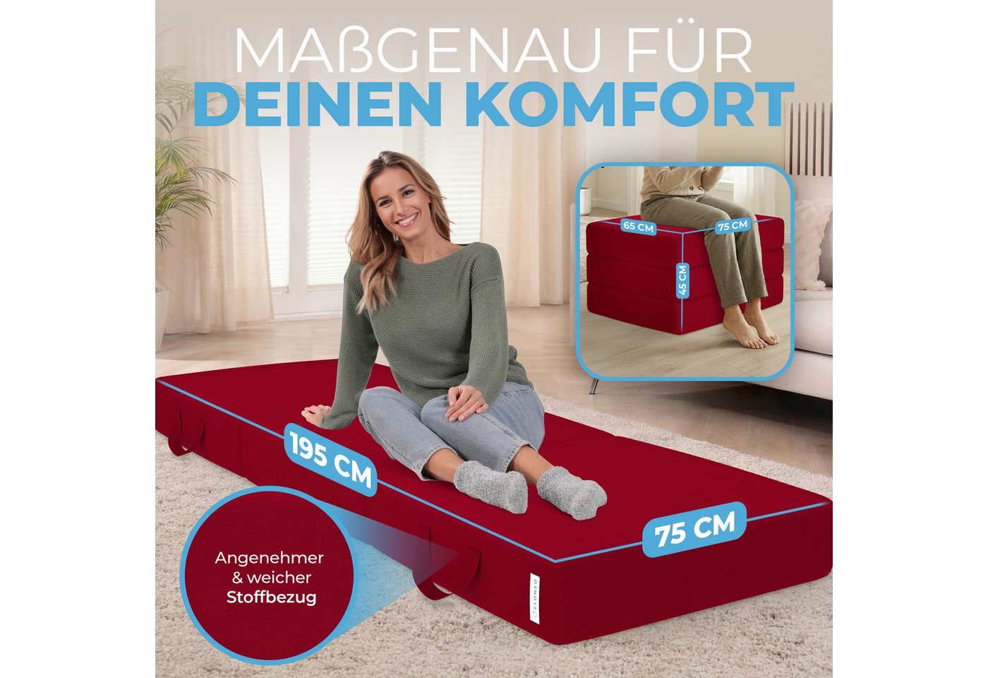 Klappmatratze 3-teilig, Gästematratze mit extra dickem Schaumstoff, ELONEO, 15 cm hoch, waschbarer Bezug, geeignet für Hausstauballergiker, schadstoffgeprüft – Bild 2 von 5
