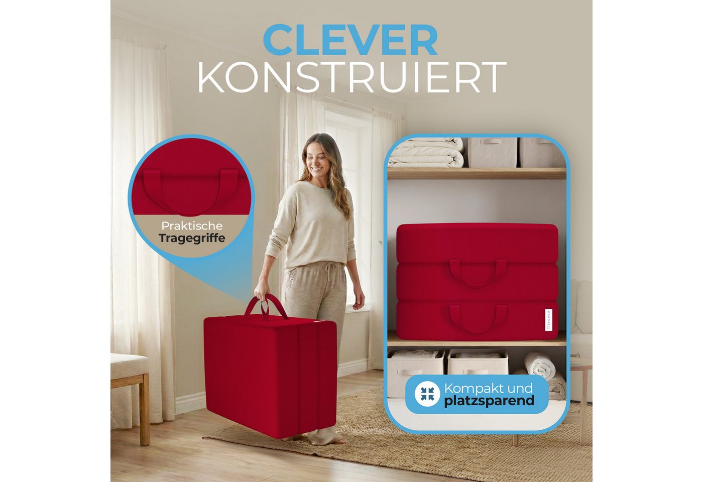 Klappmatratze 3-teilig, Gästematratze mit extra dickem Schaumstoff, ELONEO, 15 cm hoch, waschbarer Bezug, geeignet für Hausstauballergiker, schadstoffgeprüft – Bild 4 von 5