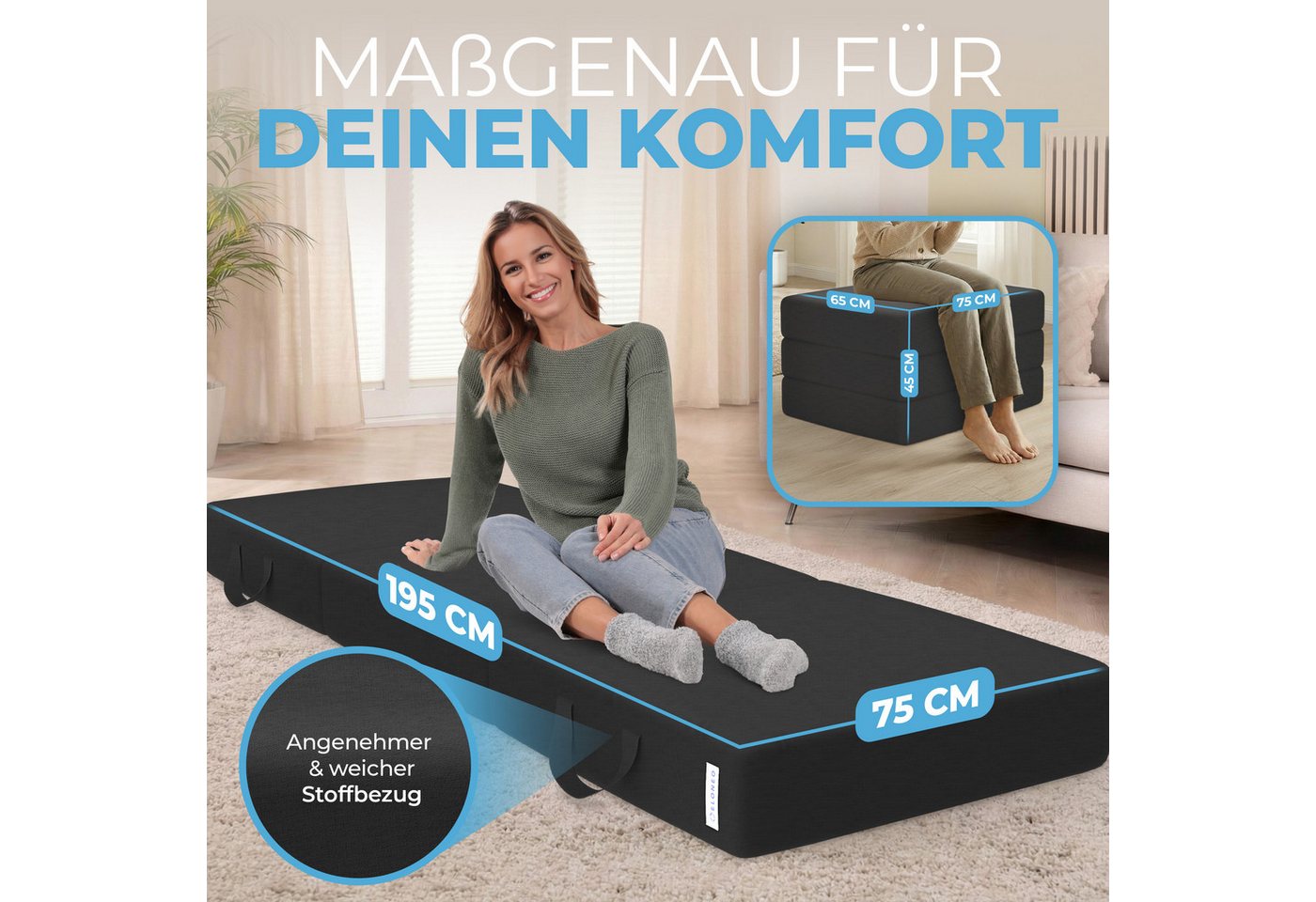 Klappmatratze 3-teilig, Gästematratze mit extra dickem Schaumstoff, ELONEO, 15 cm hoch, waschbarer Bezug, geeignet für Hausstauballergiker, schadstoffgeprüft – Bild 2 von 5