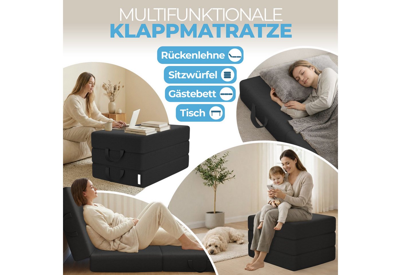 Klappmatratze 3-teilig, Gästematratze mit extra dickem Schaumstoff, ELONEO, 15 cm hoch, waschbarer Bezug, geeignet für Hausstauballergiker, schadstoffgeprüft – Bild 3 von 5