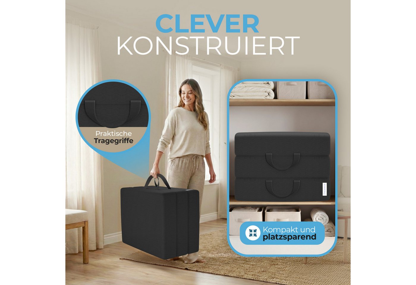 Klappmatratze 3-teilig, Gästematratze mit extra dickem Schaumstoff, ELONEO, 15 cm hoch, waschbarer Bezug, geeignet für Hausstauballergiker, schadstoffgeprüft – Bild 4 von 5