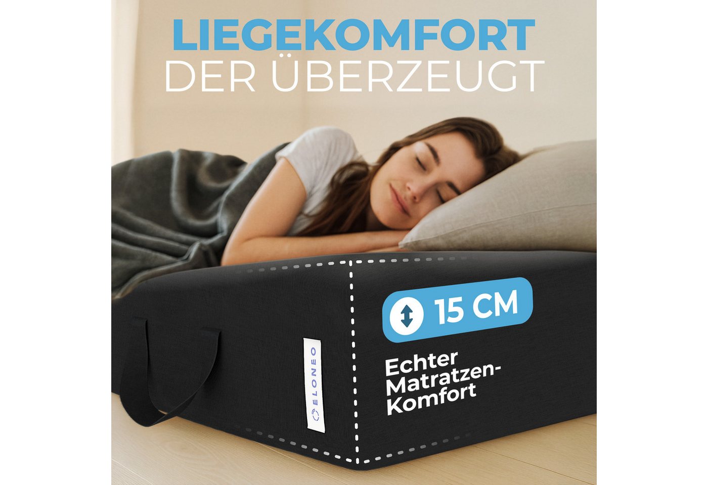 Klappmatratze 3-teilig, Gästematratze mit extra dickem Schaumstoff, ELONEO, 15 cm hoch, waschbarer Bezug, geeignet für Hausstauballergiker, schadstoffgeprüft – Bild 5 von 5