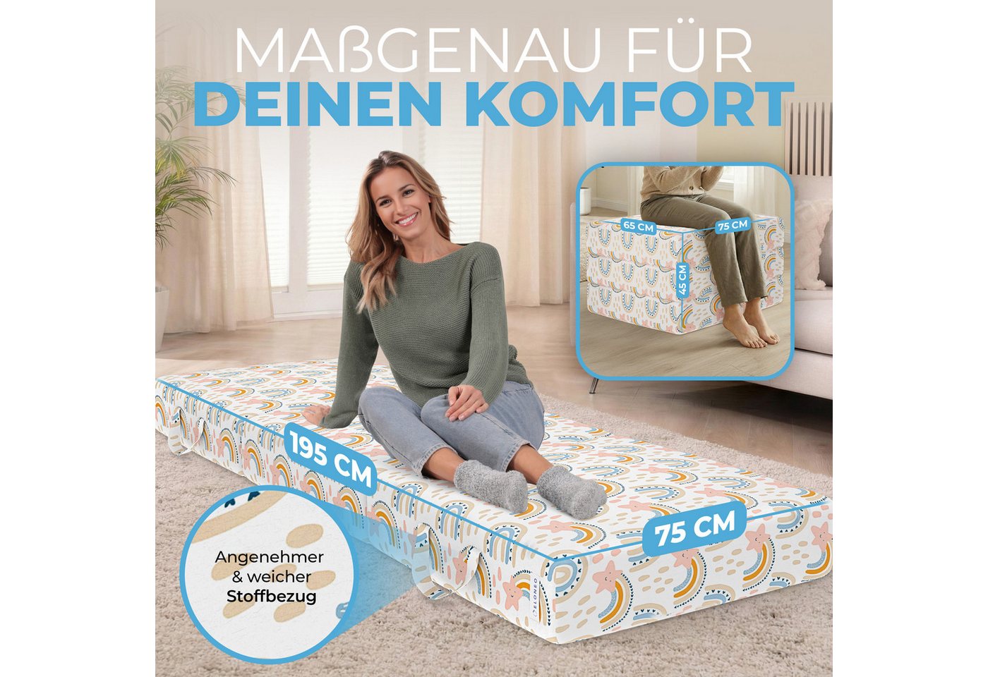 Klappmatratze 3-teilig, Gästematratze mit extra dickem Schaumstoff, ELONEO, 15 cm hoch, waschbarer Bezug, geeignet für Hausstauballergiker, schadstoffgeprüft – Bild 2 von 5