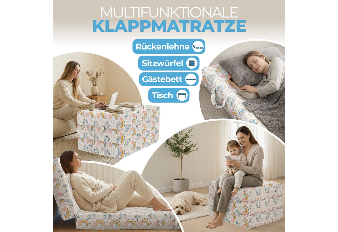 Klappmatratze 3-teilig, Gästematratze mit extra dickem Schaumstoff, ELONEO, 15 cm hoch, waschbarer Bezug, geeignet für Hausstauballergiker, schadstoffgeprüft – Bild 3 von 5