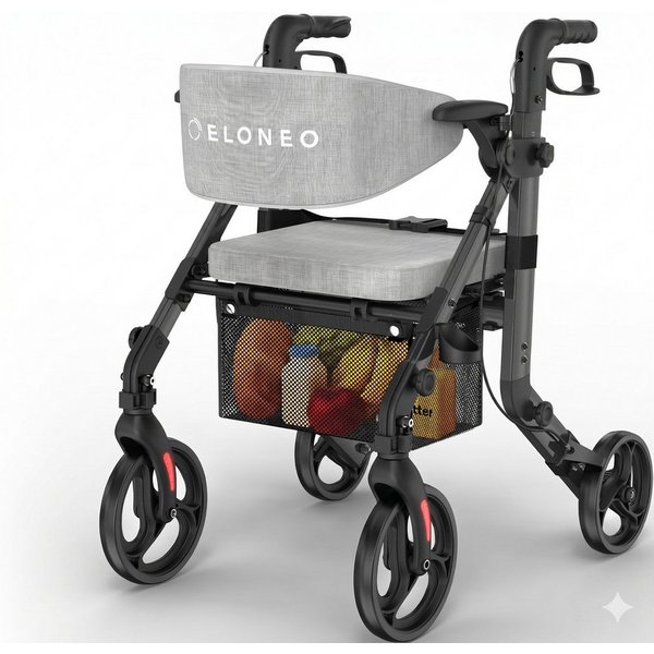 ELONEO Rollator 2in1 Rollator & Rollstuhl, Faltbar und Leicht, Outdoor-Gummireifen, mit Stiz & Netztasche