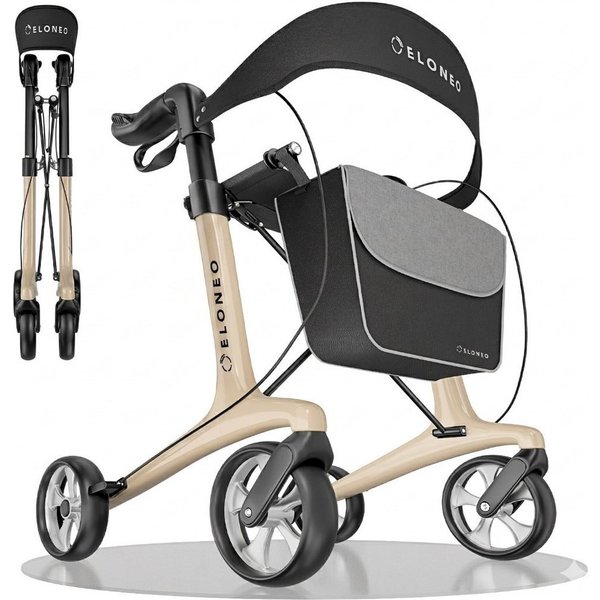 ELONEO Rollator aus Carbon, ultraleicht, faltbar, mit Sitz, Faltbarer Rollator mit Sitz, Rückenlehne, Einkaufstasche