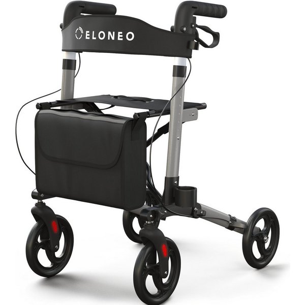 ELONEO Rollator leicht und faltbar mit Sitz, Gehhilfe 8-fach höhenverstellbar, Komfort-Sitz mit Stockhalter, Einkaufstasche & Rückengurt