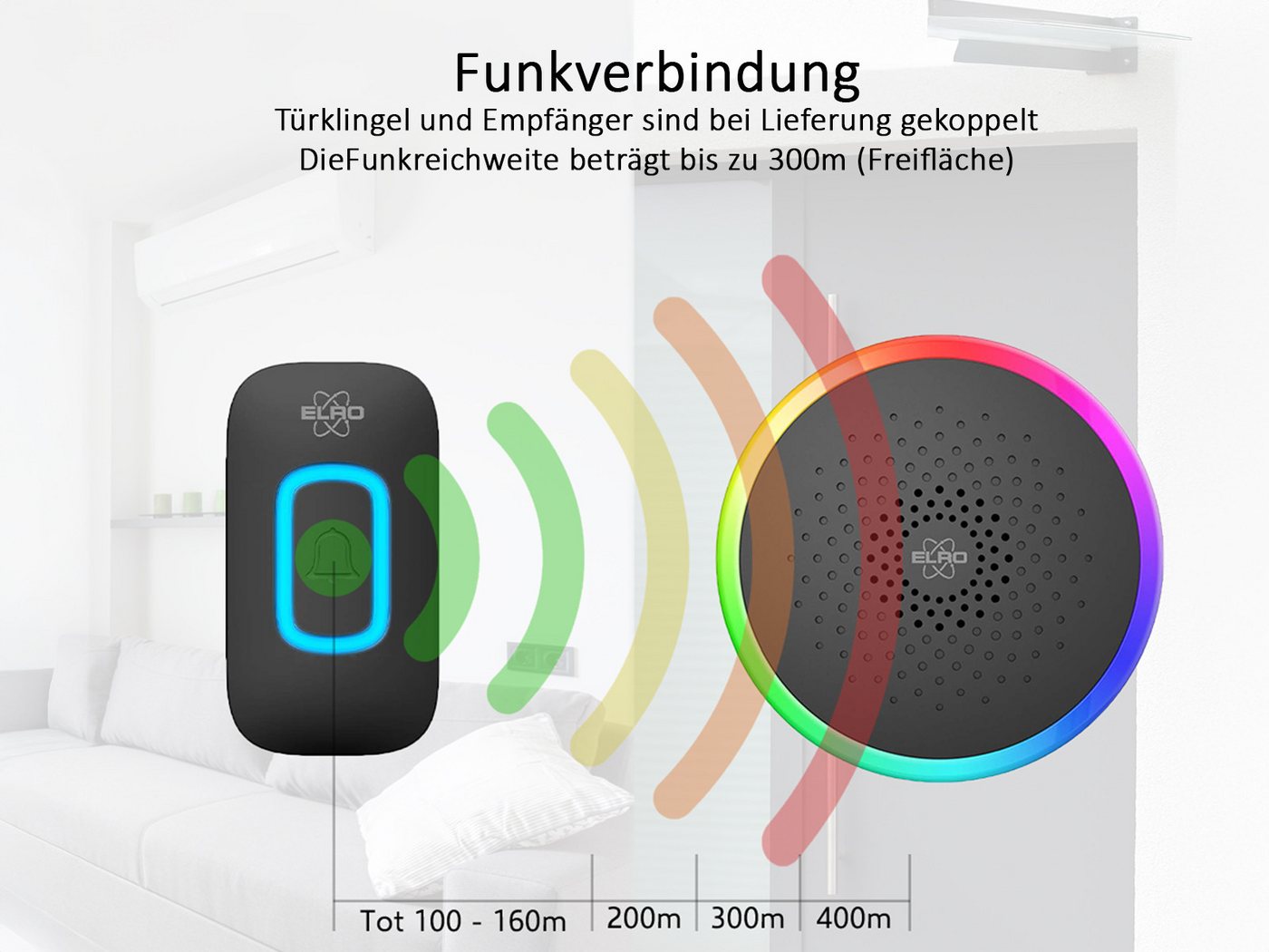 Elro Türklingel-Set, 2 Empfänger, 61 Klingeltöne, (4-tlg), Funkklingel mit Batterie Klingelanlage mit 2x Türgong für Schwerhörige – Bild 4 von 5
