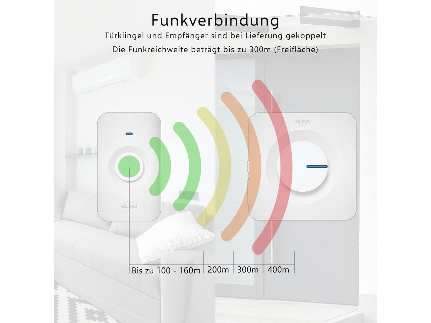 Elro Türklingel-Set, 2 Empfänger, 64 Klingeltöne, (4-tlg), Funkklingel mit Batterie, Türgongs mit Licht für Schwerhörige, Weiß – Bild 5 von 5