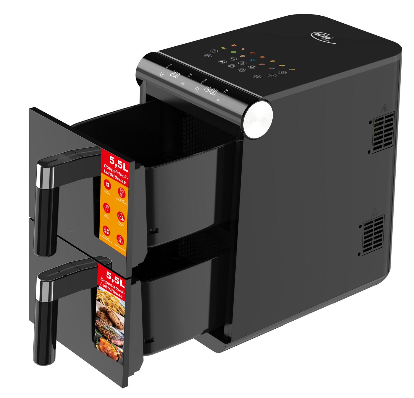Elta Heißluftfritteuse Vertikal Doppelstock, 1700 W, 11 L Dual Zone XXL mit 2 unabhängigen Fächern, undTouchscreen – Bild 3 von 3