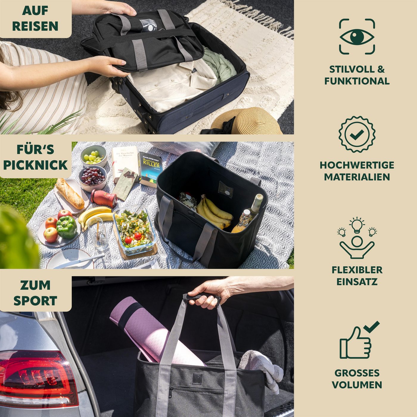 eluno Einkaufskorb STELLE, Einkaufstasche faltbar Picknickkorb Polyester, 27 l – Bild 3 von 5