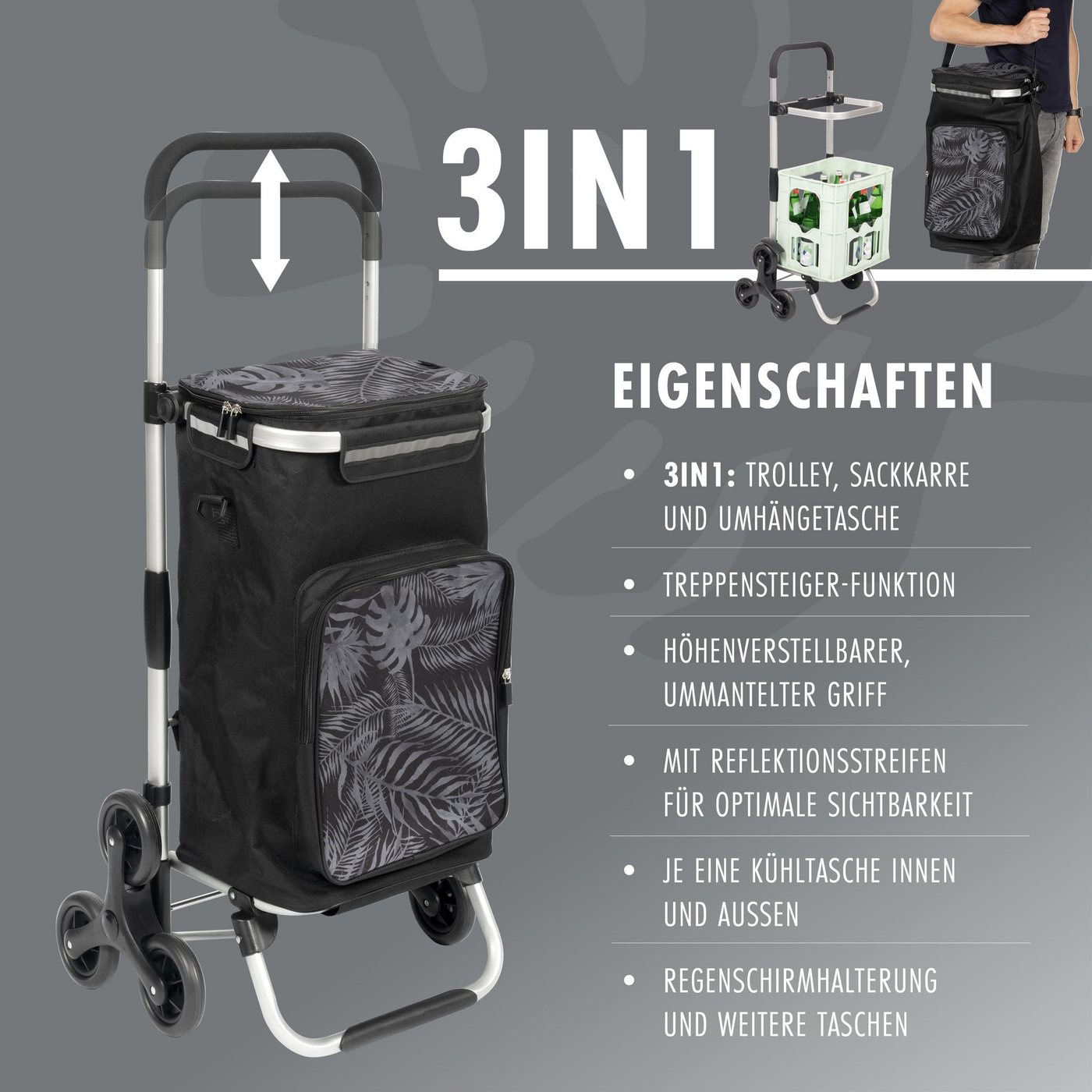 eluno Einkaufstrolley OKEL, Treppensteiger inkl. Kühlfach, schwarz, 50 l – Bild 3 von 5