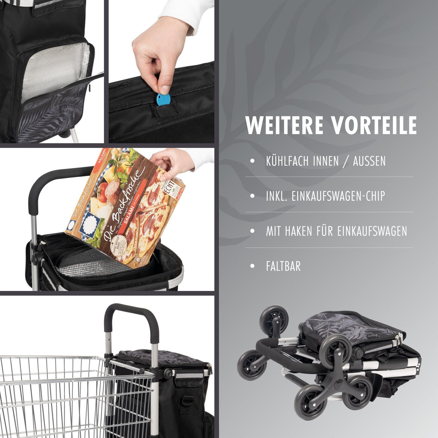 eluno Einkaufstrolley OKEL, Treppensteiger inkl. Kühlfach, schwarz, 50 l – Bild 5 von 5