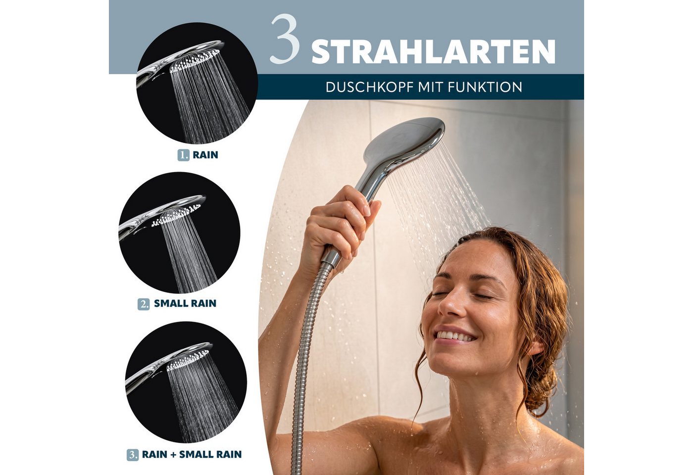 eluno Handbrause inkl. Brauseschlau, mit weißer Strahlscheibe, (2-tlg., Handbrause, Schlauch) – Bild 2 von 5