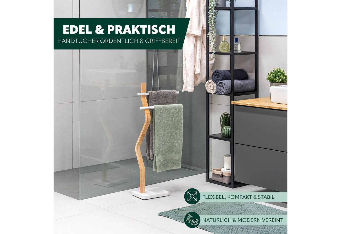 eluno Handtuchhalter freistehend, 2 Stangen FSC-Holz und weißem Metall – Bild 2 von 5