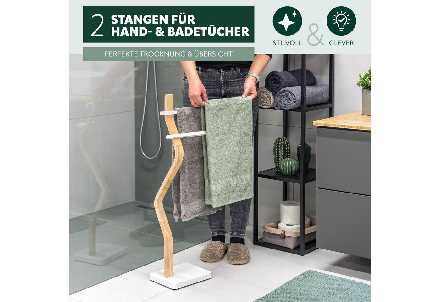 eluno Handtuchhalter freistehend, 2 Stangen FSC-Holz und weißem Metall – Bild 3 von 5