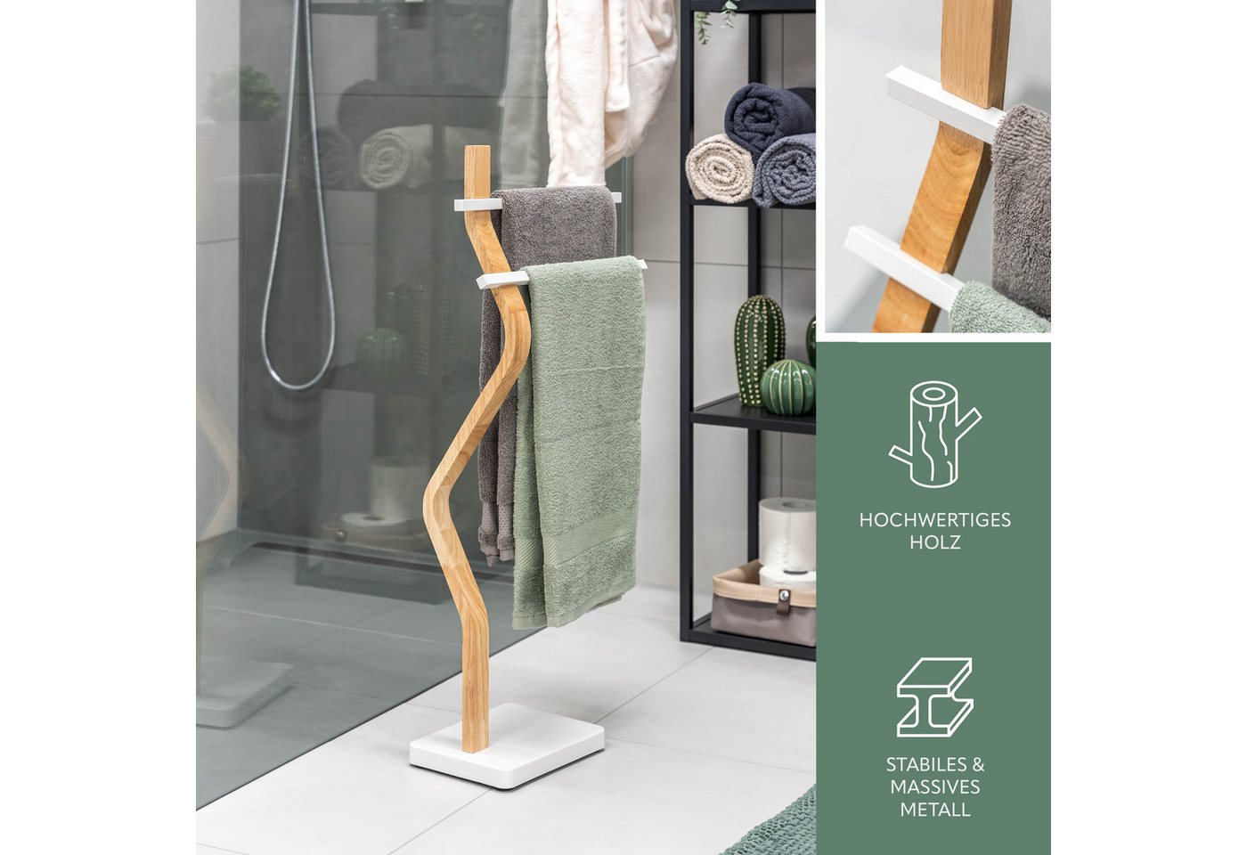 eluno Handtuchhalter freistehend, 2 Stangen FSC-Holz und weißem Metall – Bild 4 von 5
