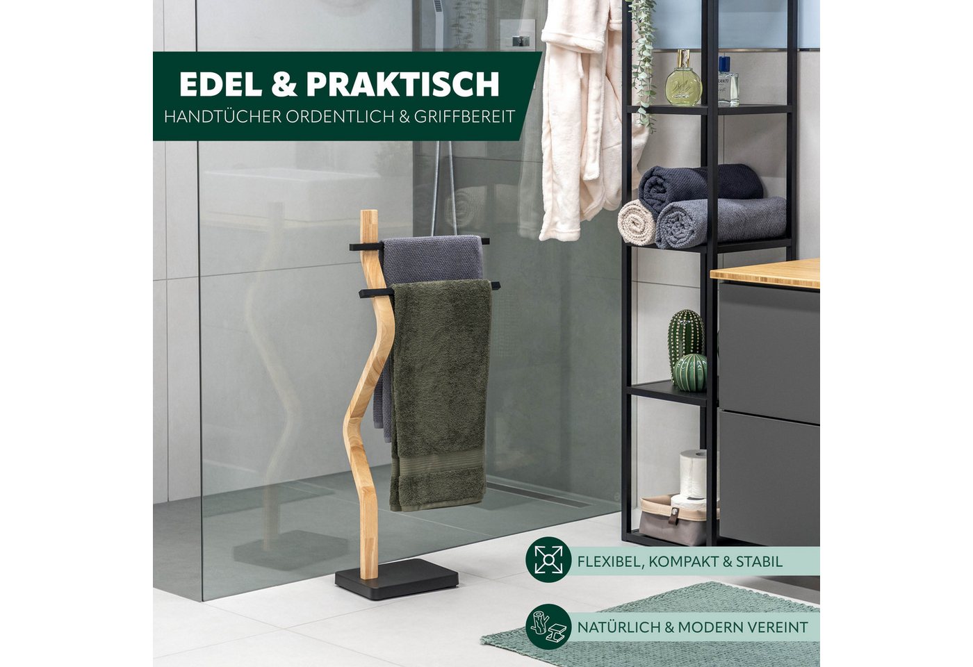 eluno Handtuchhalter freistehend, 2 Stangen FSC-Holz und schwarzem Metall – Bild 2 von 5