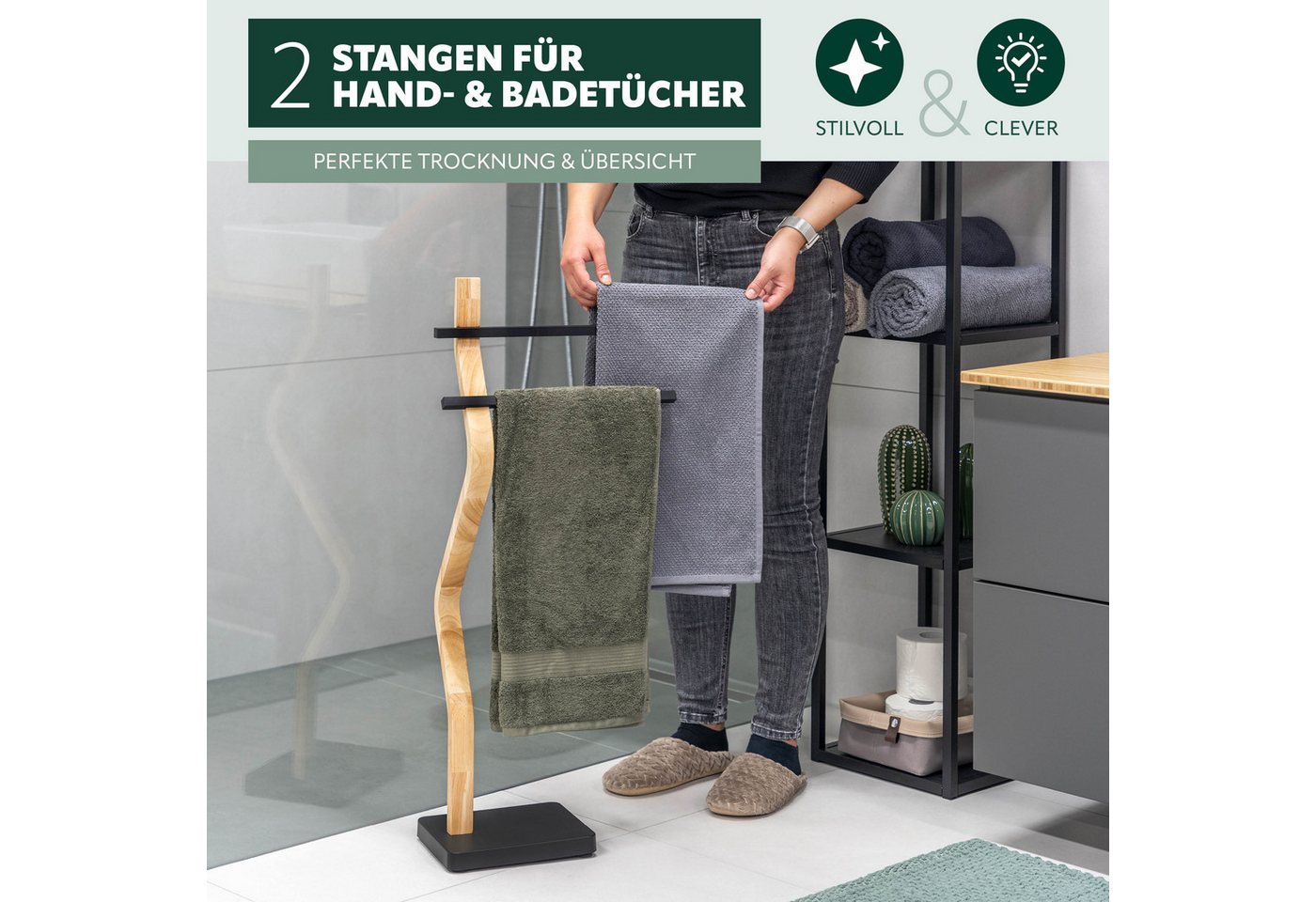 eluno Handtuchhalter freistehend, 2 Stangen FSC-Holz und schwarzem Metall – Bild 3 von 5