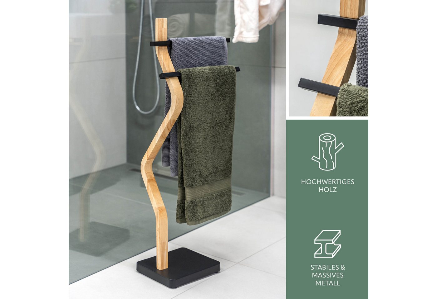 eluno Handtuchhalter freistehend, 2 Stangen FSC-Holz und schwarzem Metall – Bild 4 von 5