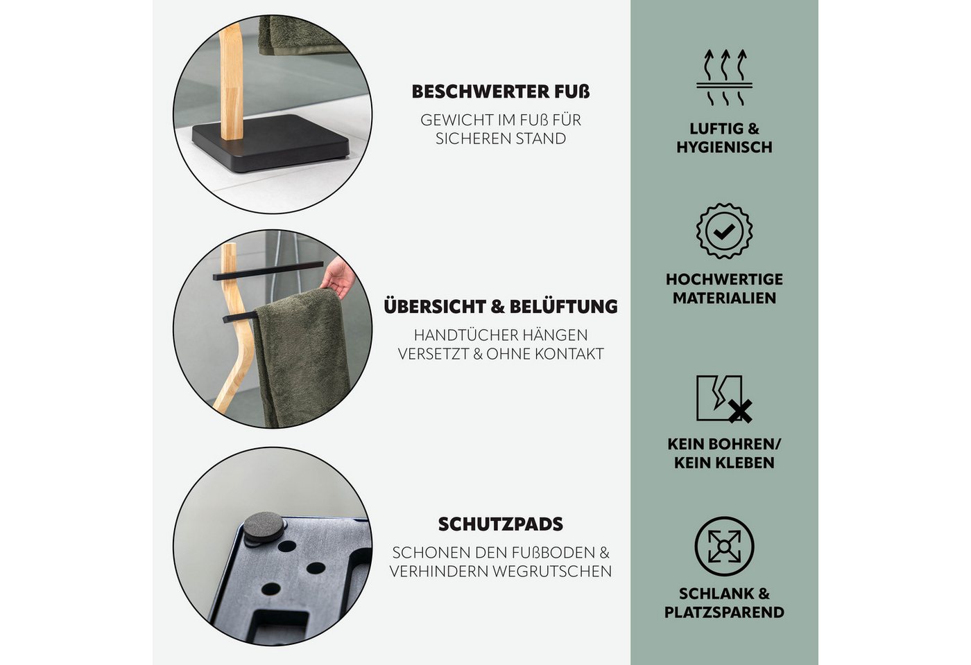 eluno Handtuchhalter freistehend, 2 Stangen FSC-Holz und schwarzem Metall – Bild 5 von 5