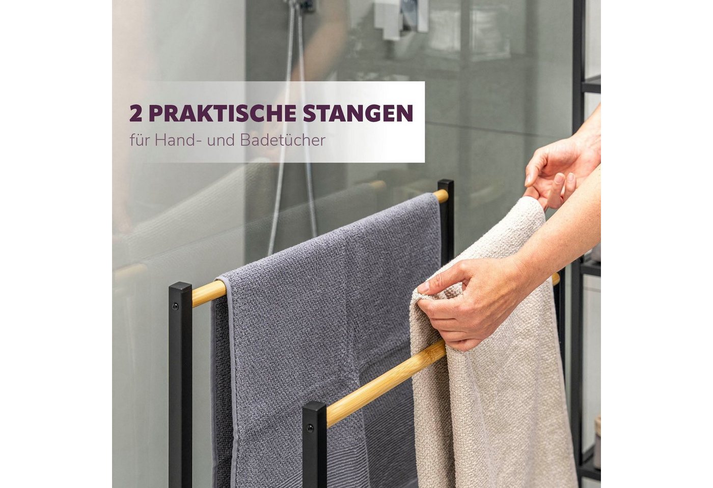 eluno Handtuchständer Badetuchhalter freistehend, mit 2 Bambus-Stangen, 4 Haken – Bild 3 von 5