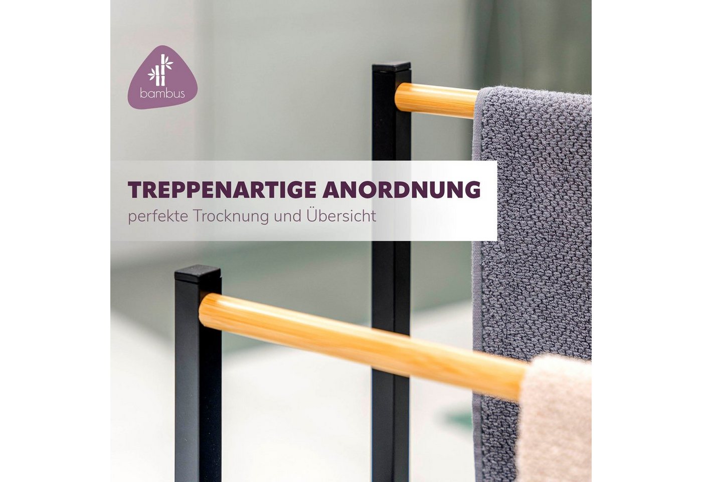 eluno Handtuchständer Badetuchhalter freistehend, mit 2 Bambus-Stangen, 4 Haken – Bild 4 von 5