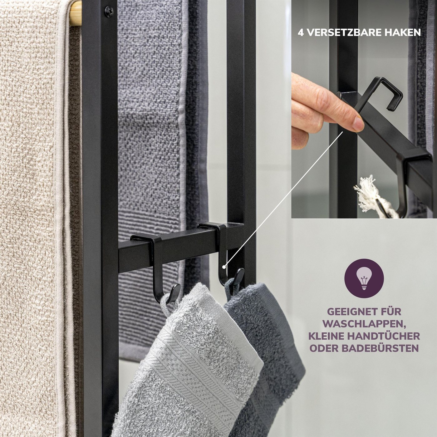 eluno Handtuchständer Badetuchhalter freistehend, mit 2 Bambus-Stangen, 4 Haken – Bild 5 von 5