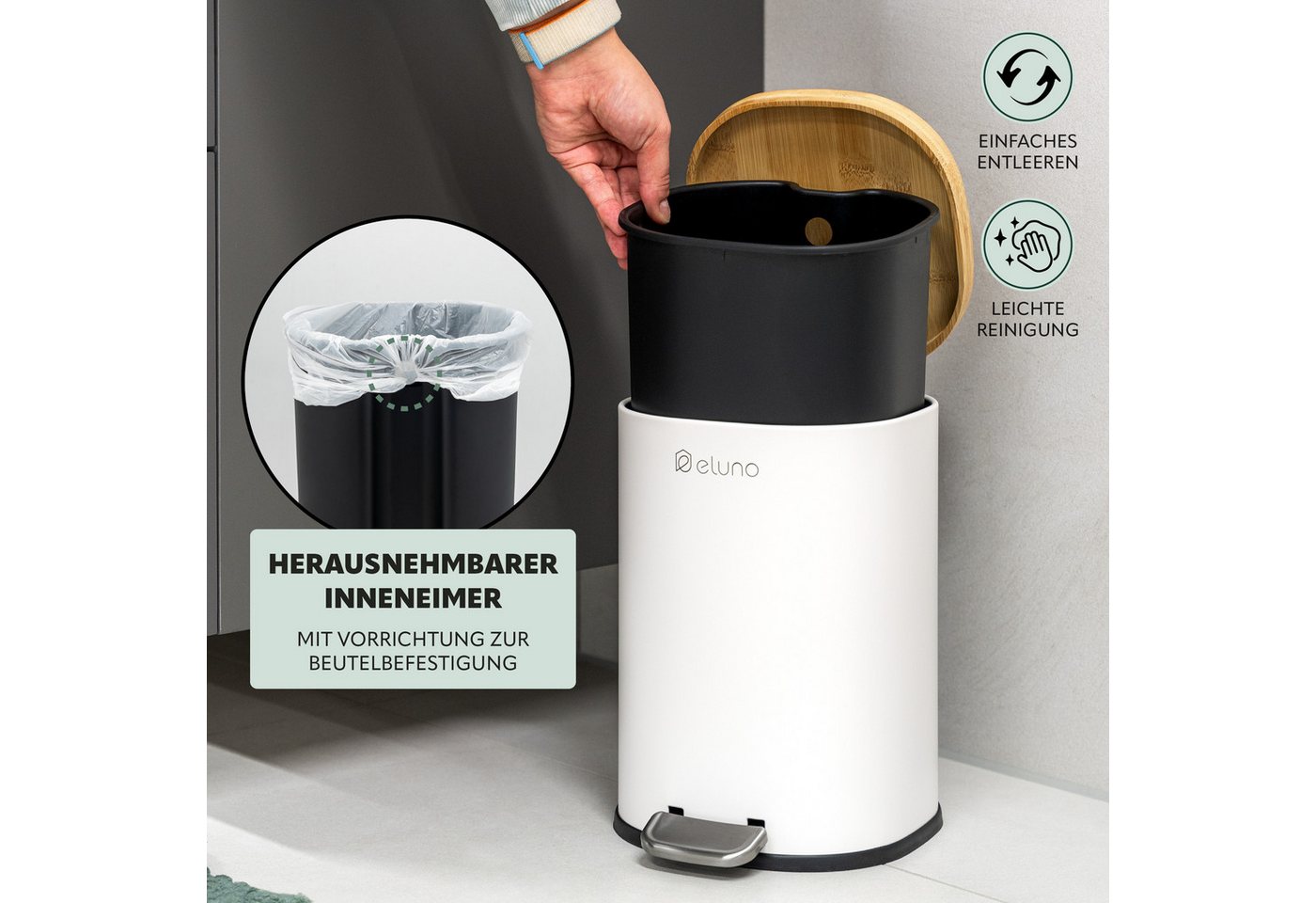 eluno Kosmetikeimer FRAMURA, 5 Liter, aus Metall und Bambus – Bild 4 von 5