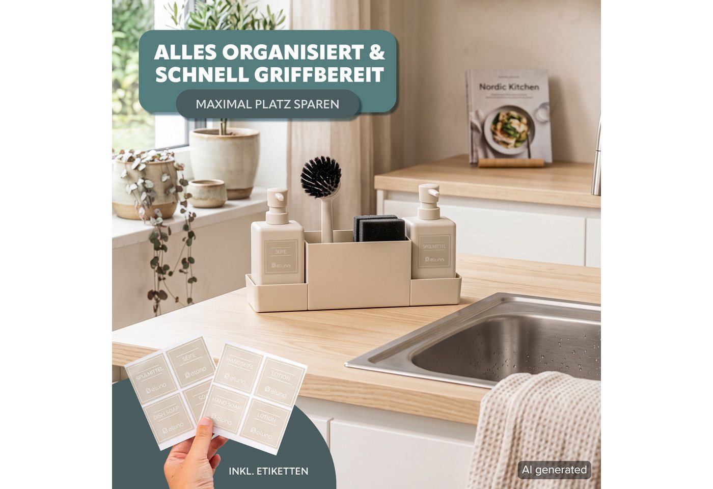 eluno Küchenorganizer-Set Spülbeckenorganizer mit 2 Spendern und viel Zubehör – Bild 2 von 5