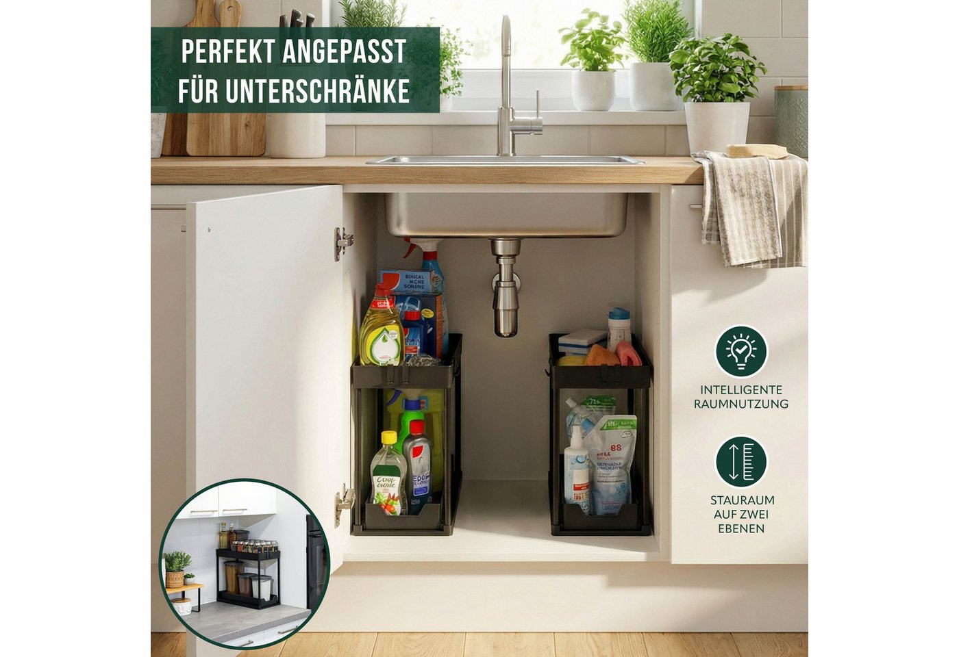 eluno Küchenorganizer-Set Spülschrank-Organizer, 2er Set, schwarz, (2-tlg), Werkzeugfreier Aufbau – Bild 5 von 5