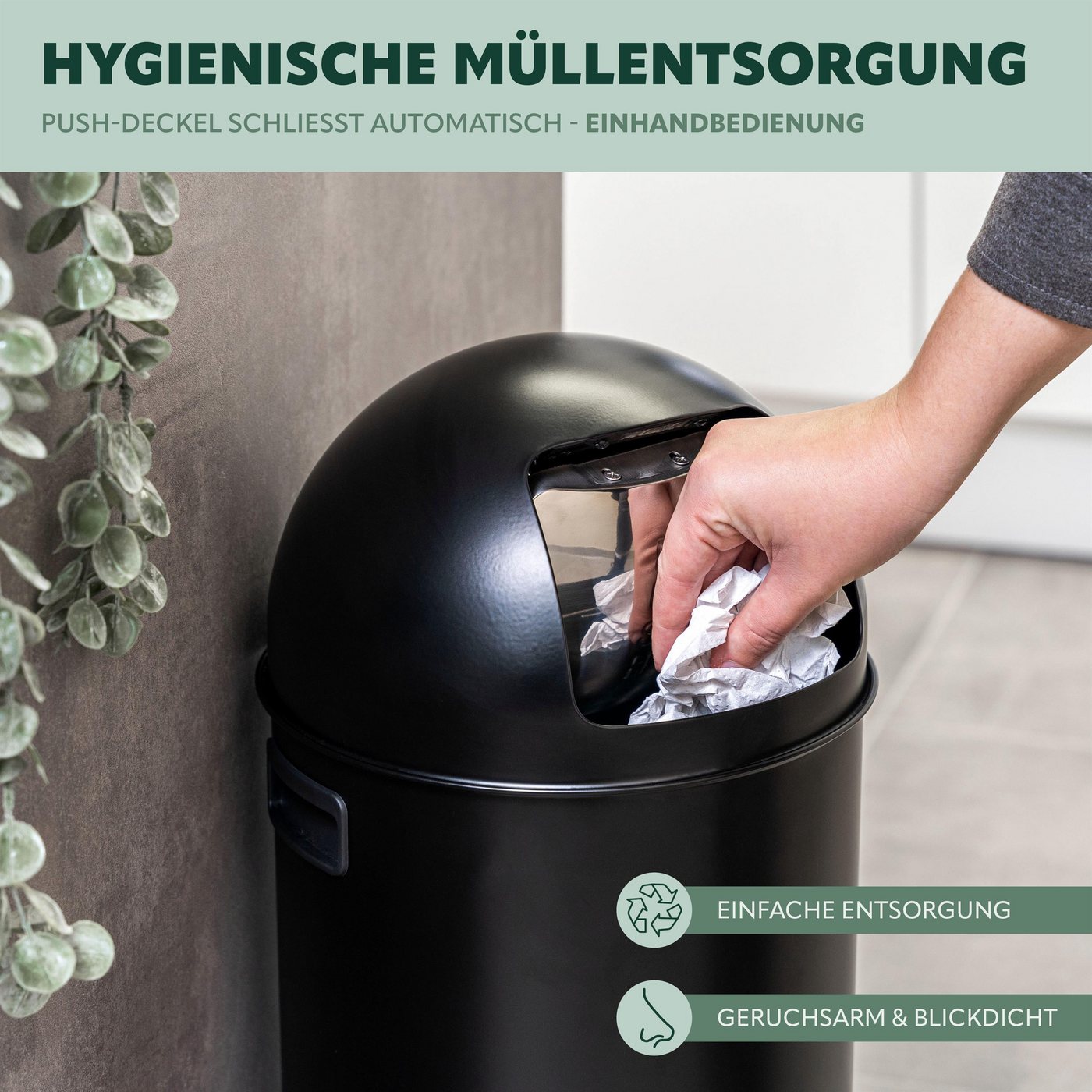 eluno Mülleimer Pushmülleimer 25 Liter aus Stahlblech, abnehmbarer Deckel – Bild 3 von 5