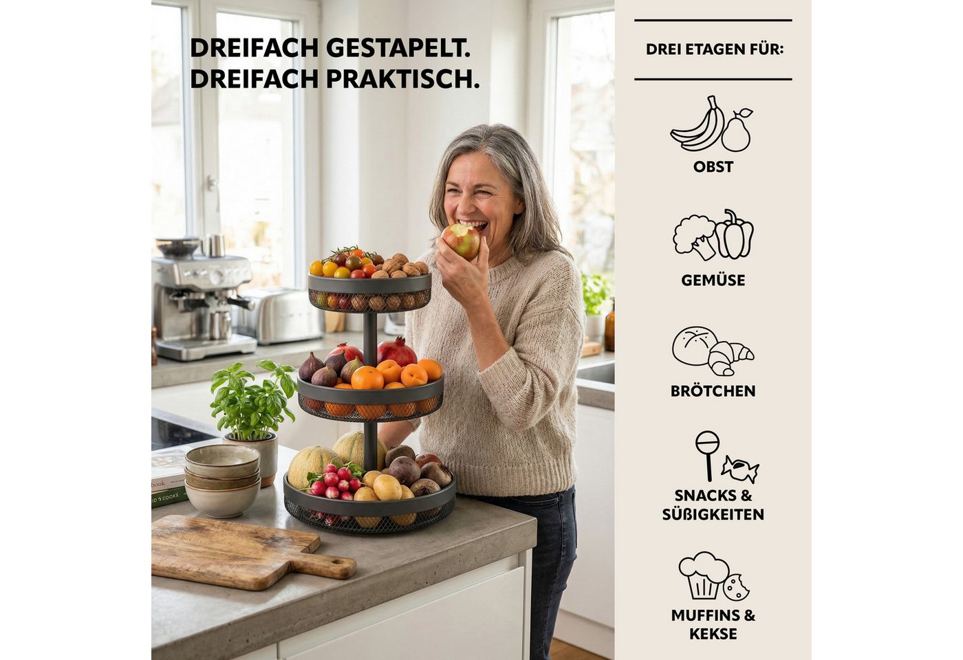 eluno Obstschale rund 3-stöckig, Ø 20 cm, 25 cm und 30 cm, Metall – Bild 2 von 5