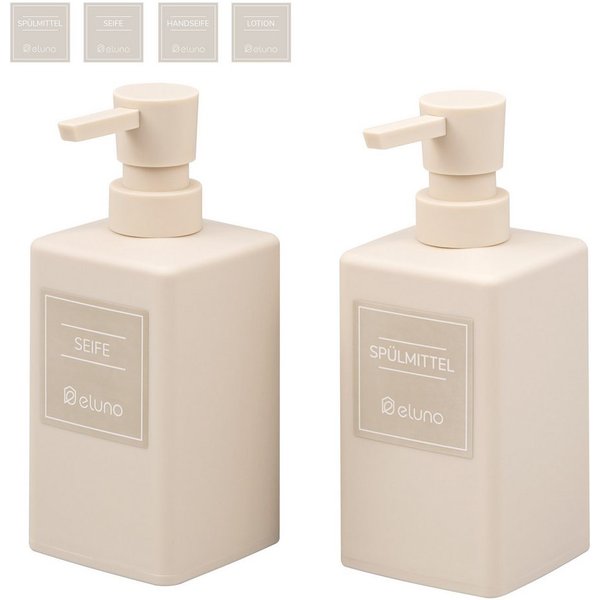 eluno Seifenspender 2er Set mit Soft-Touch Oberfläche, (2-tlg), inkl. wasserfeste Hinweisaufkleber