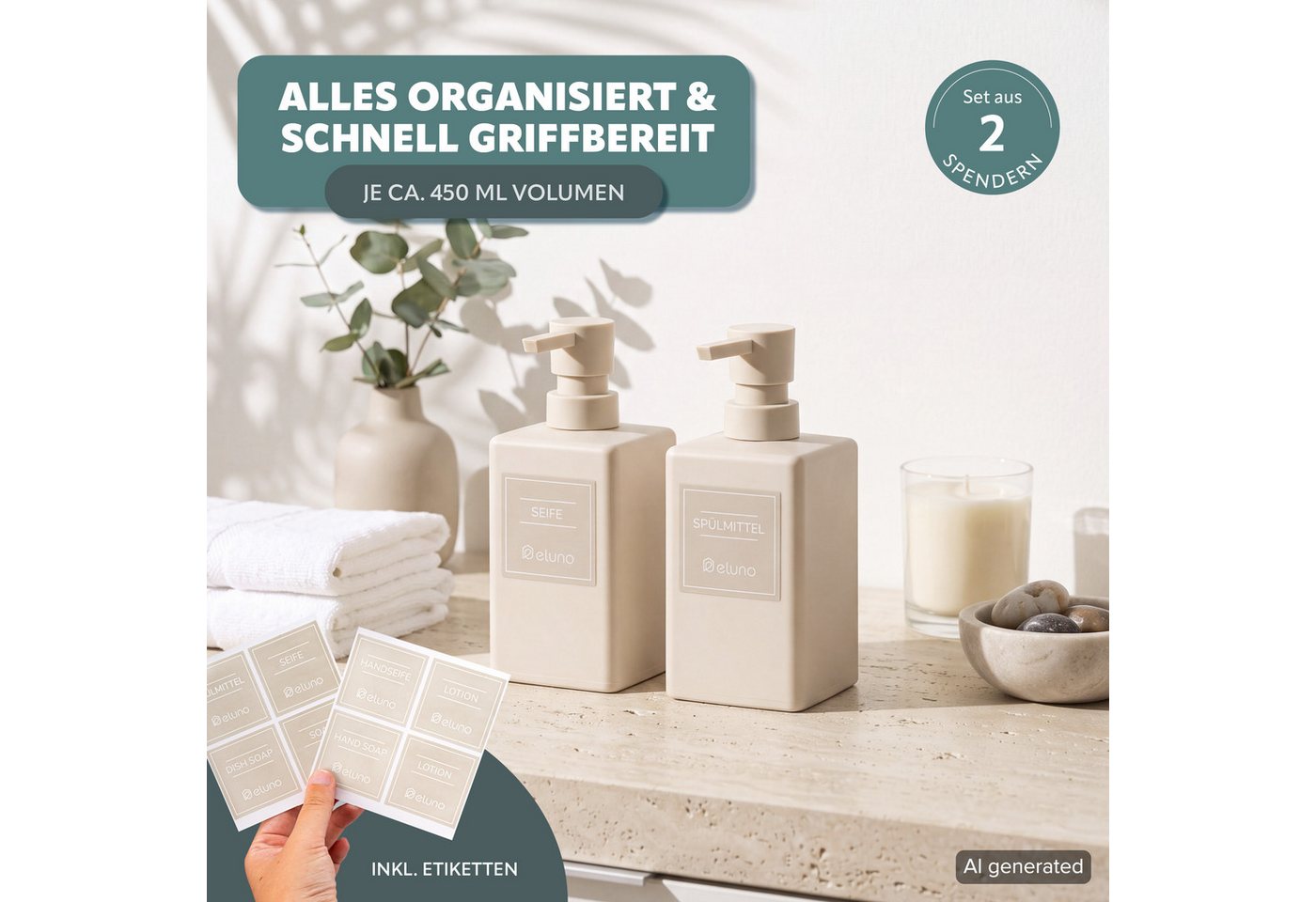 eluno Seifenspender 2er Set mit Soft-Touch Oberfläche, (2-tlg), inkl. wasserfeste Hinweisaufkleber – Bild 2 von 5