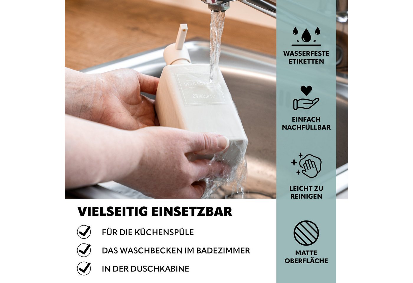 eluno Seifenspender 2er Set mit Soft-Touch Oberfläche, (2-tlg), inkl. wasserfeste Hinweisaufkleber – Bild 3 von 5