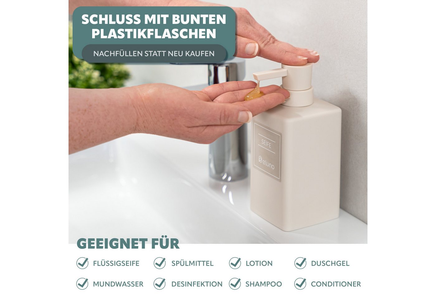 eluno Seifenspender 2er Set mit Soft-Touch Oberfläche, (2-tlg), inkl. wasserfeste Hinweisaufkleber – Bild 4 von 5