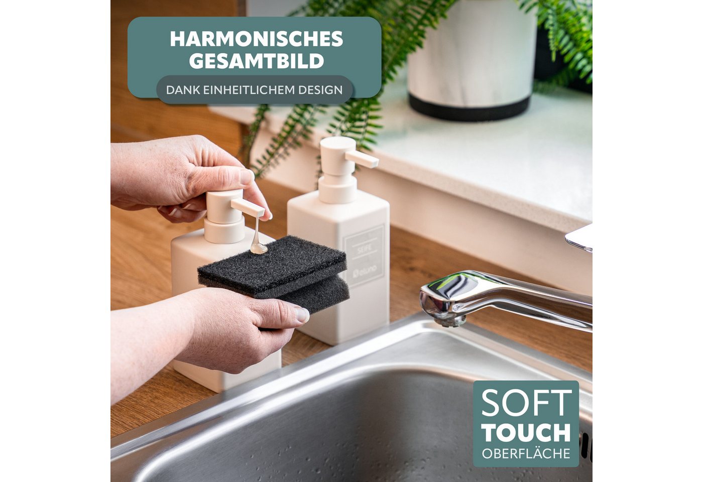 eluno Seifenspender 2er Set mit Soft-Touch Oberfläche, (2-tlg), inkl. wasserfeste Hinweisaufkleber – Bild 5 von 5