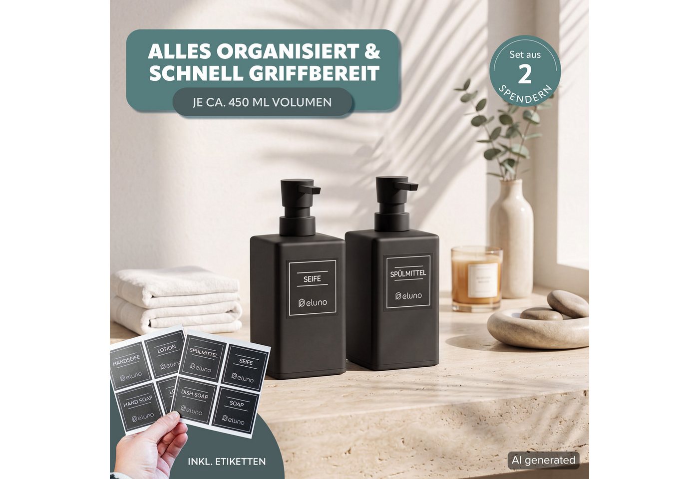eluno Seifenspender 2er Set mit Soft-Touch Oberfläche, (2-tlg), inkl. wasserfeste Hinweisaufkleber – Bild 2 von 5