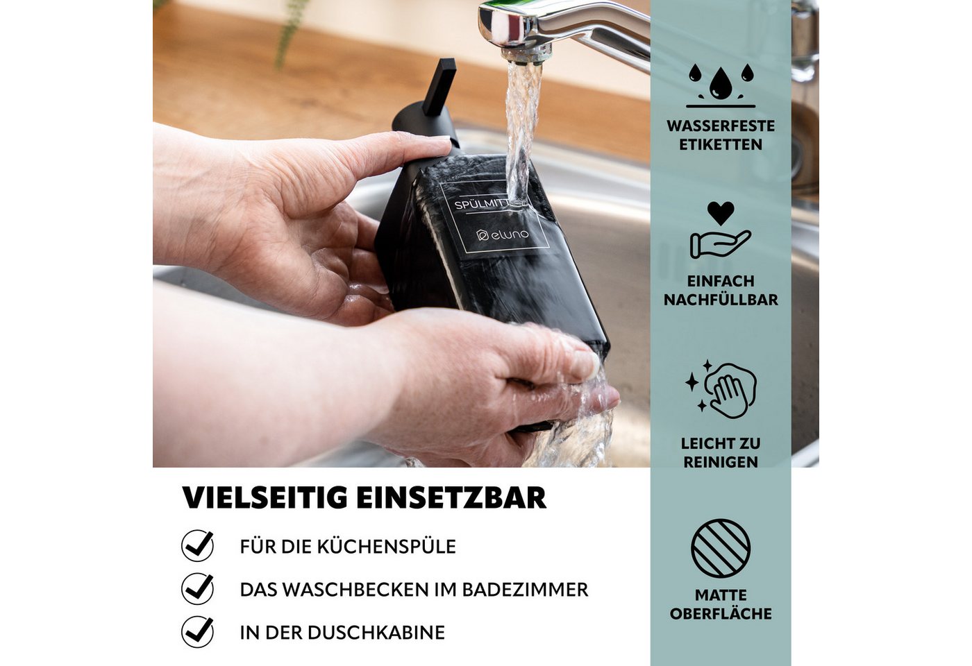 eluno Seifenspender 2er Set mit Soft-Touch Oberfläche, (2-tlg), inkl. wasserfeste Hinweisaufkleber – Bild 3 von 5