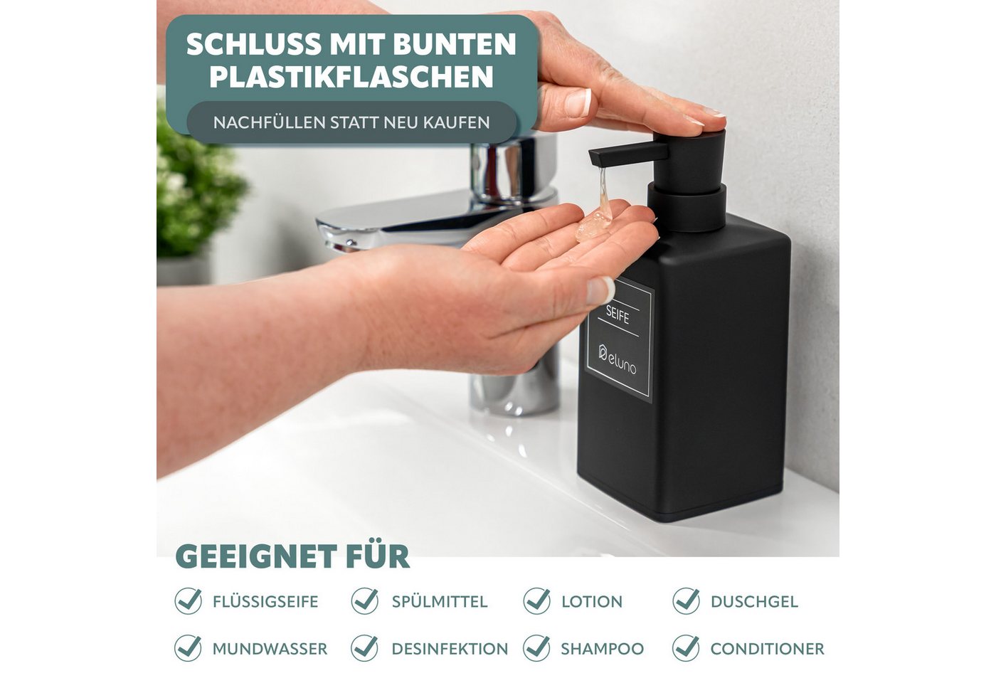 eluno Seifenspender 2er Set mit Soft-Touch Oberfläche, (2-tlg), inkl. wasserfeste Hinweisaufkleber – Bild 4 von 5