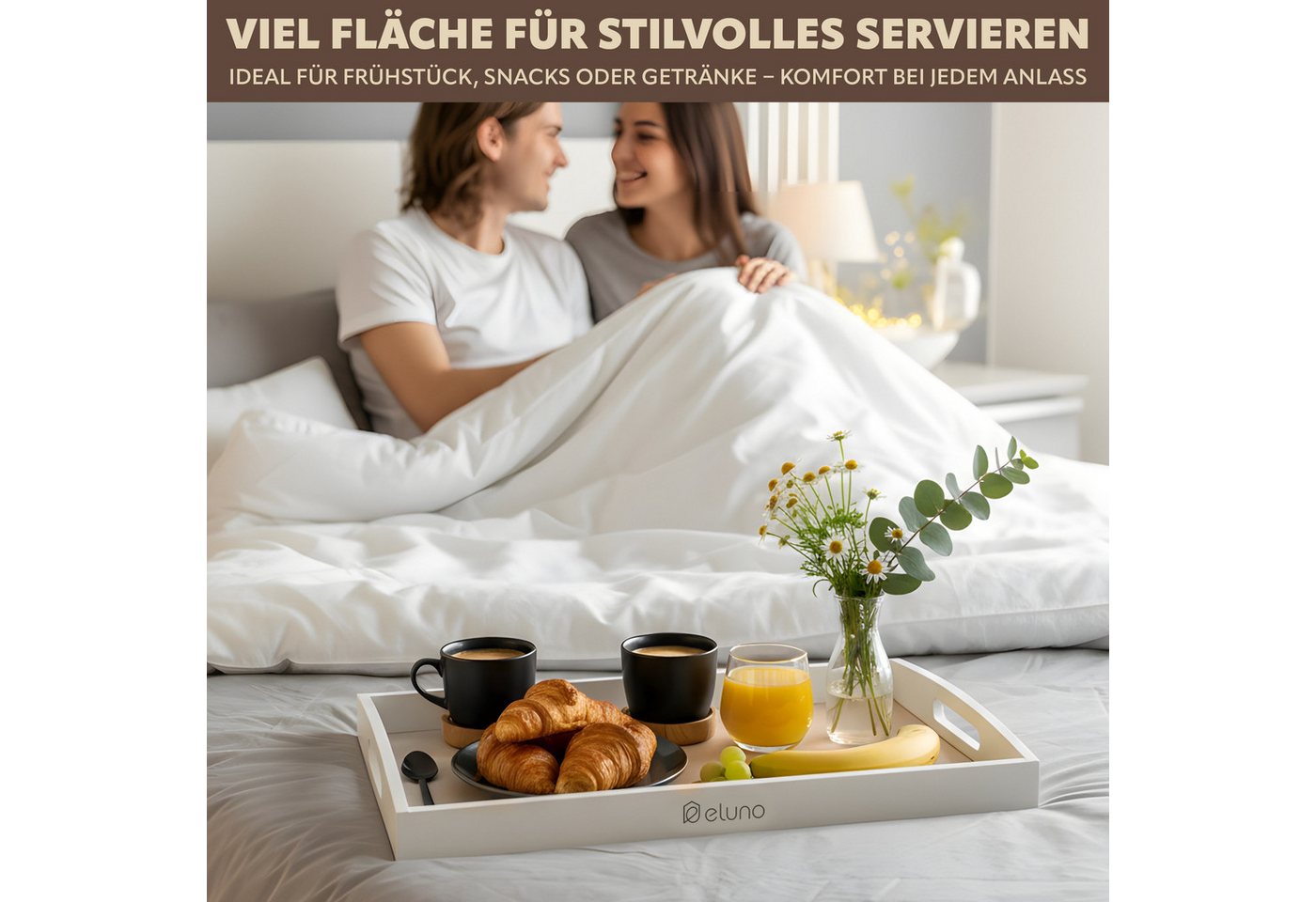 eluno Tablett Servierplatte mit seitlichen Griffen und Einlegeboden, Bambus, (1-tlg), inkl. Anti-Rutsch-Einlegeboden – Bild 2 von 5