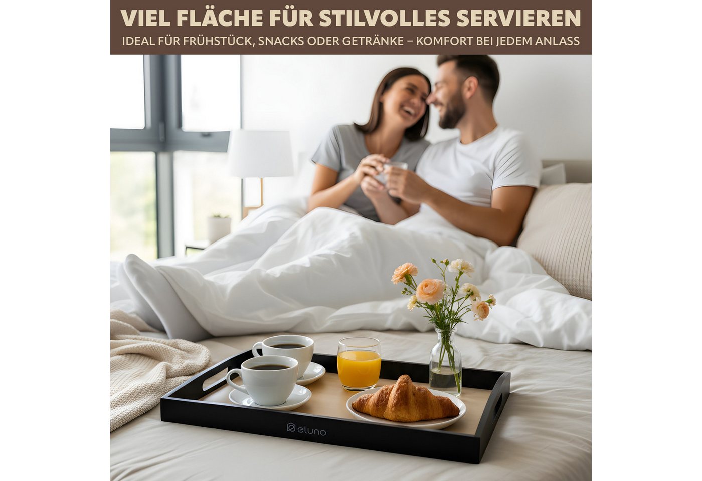 eluno Tablett Servierplatte mit seitlichen Griffen und Einlegeboden, Bambus, (1-tlg), inkl. Anti-Rutsch-Einlegeboden – Bild 2 von 5