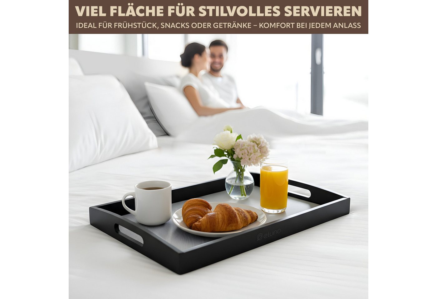 eluno Tablett Servierplatte mit seitlichen Griffen und Einlegeboden, Bambus, (1-tlg), inkl. Anti-Rutsch-Einlegeboden – Bild 2 von 5