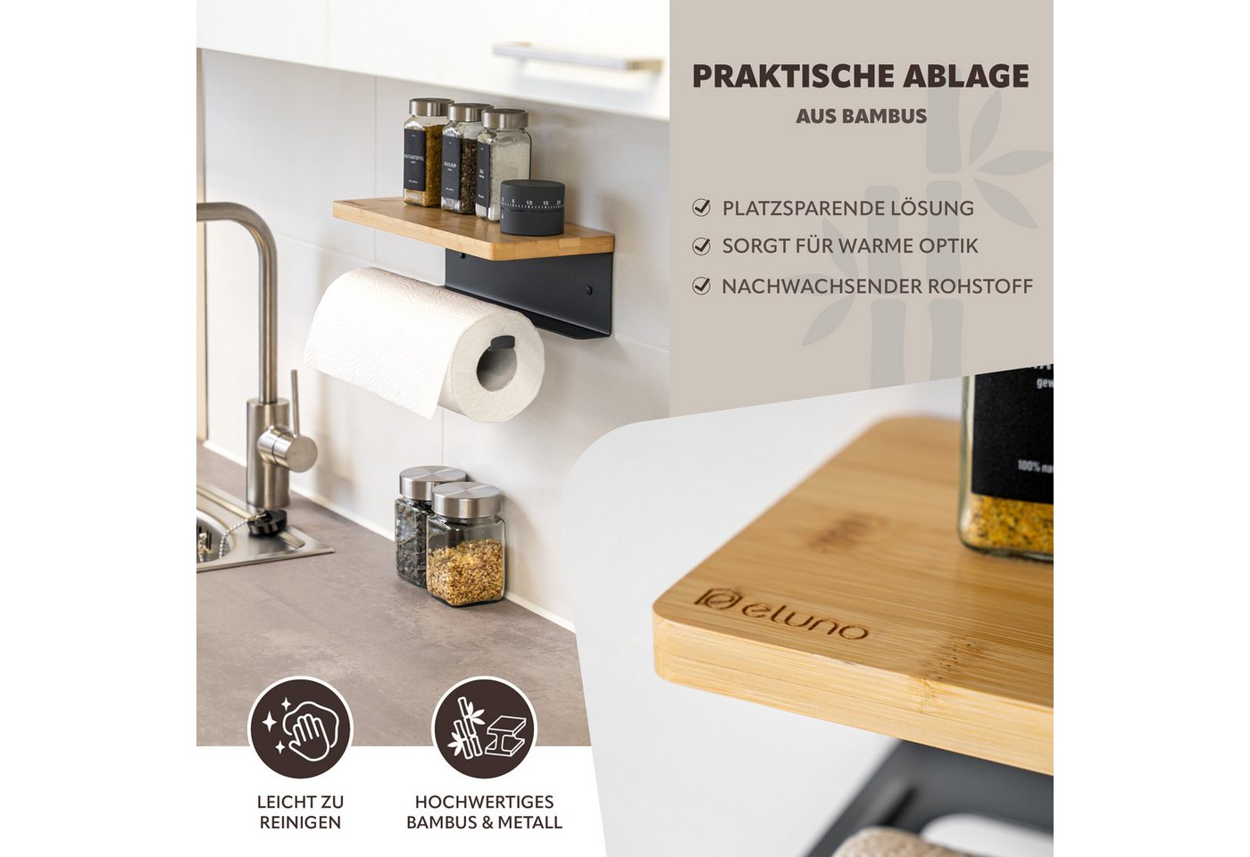 eluno Wandrollenhalter Küchenrollenhalter mit Bambusablage zur Wandmontage, (1-St., zum Kleben sowie Bohren), mit Bambusablage – Bild 3 von 5
