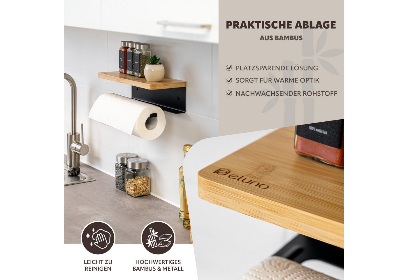 eluno Wandrollenhalter Küchenrollenhalter mit Bambusablage zur Wandmontage, (1-St., zum Kleben sowie Bohren), mit Bambusablage – Bild 3 von 5