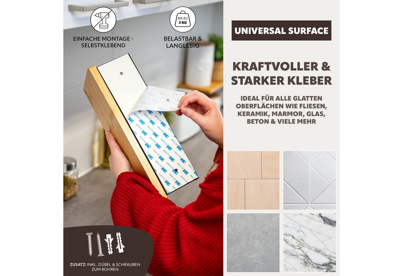 eluno Wandrollenhalter Küchenrollenhalter mit Bambusablage zur Wandmontage, (1-St., zum Kleben sowie Bohren), mit Bambusablage – Bild 4 von 5